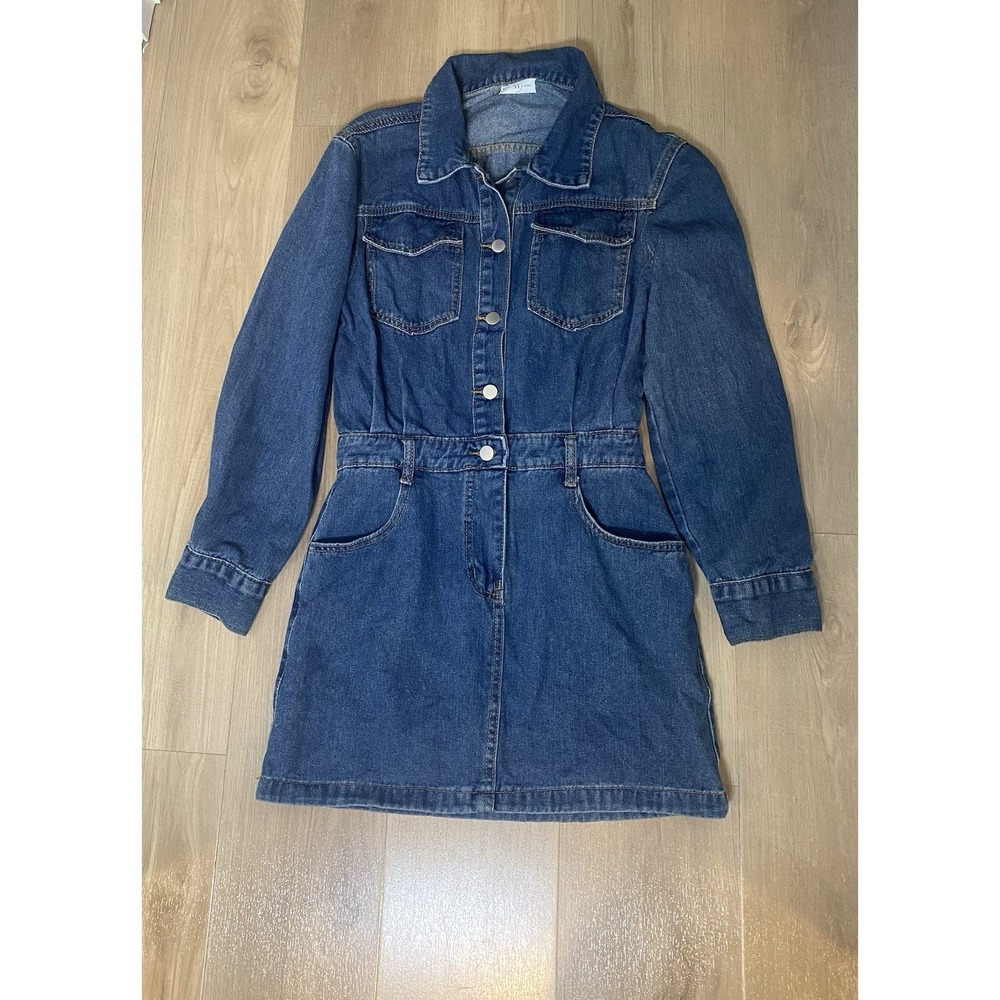 Blue Denim Collared Mini Shirt Dress Long Sleeve Western Cottagecore Size M